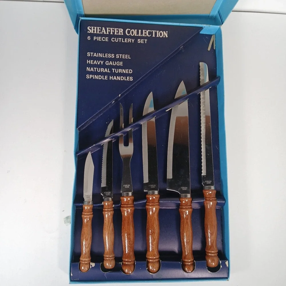 Vtg Sheaffer Collection Stainless Cutlery Set Wooden Handled Knives 6 Piece New